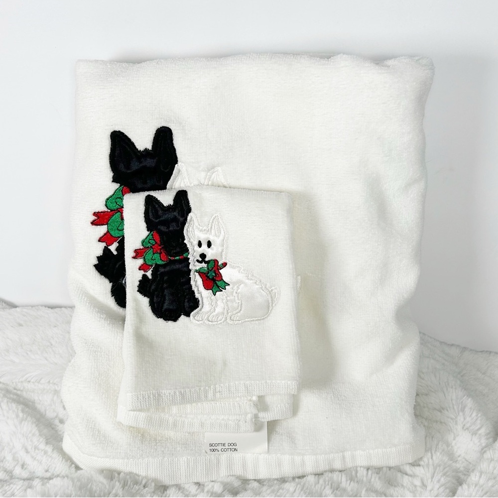 JCPenney Scottie Dog Appliqué Holiday Bath and Hand Towel Set NEW